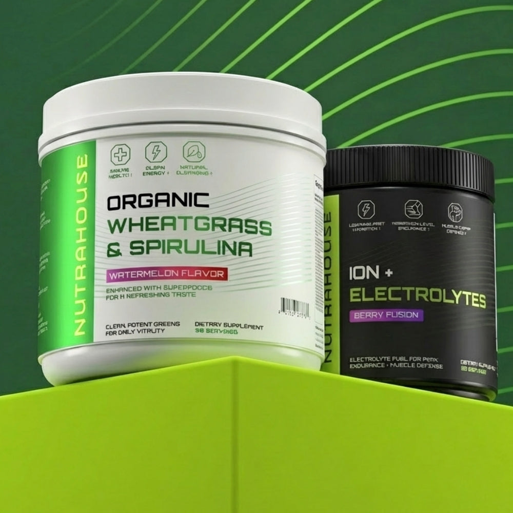 Two supplement containers, one labeled 'Organic Wheatgrass & Spirulina' and the other 'ION + Electrolytes', on a green background.