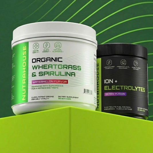 Two supplement containers, one labeled 'Organic Wheatgrass & Spirulina' and the other 'ION + Electrolytes', on a green background.