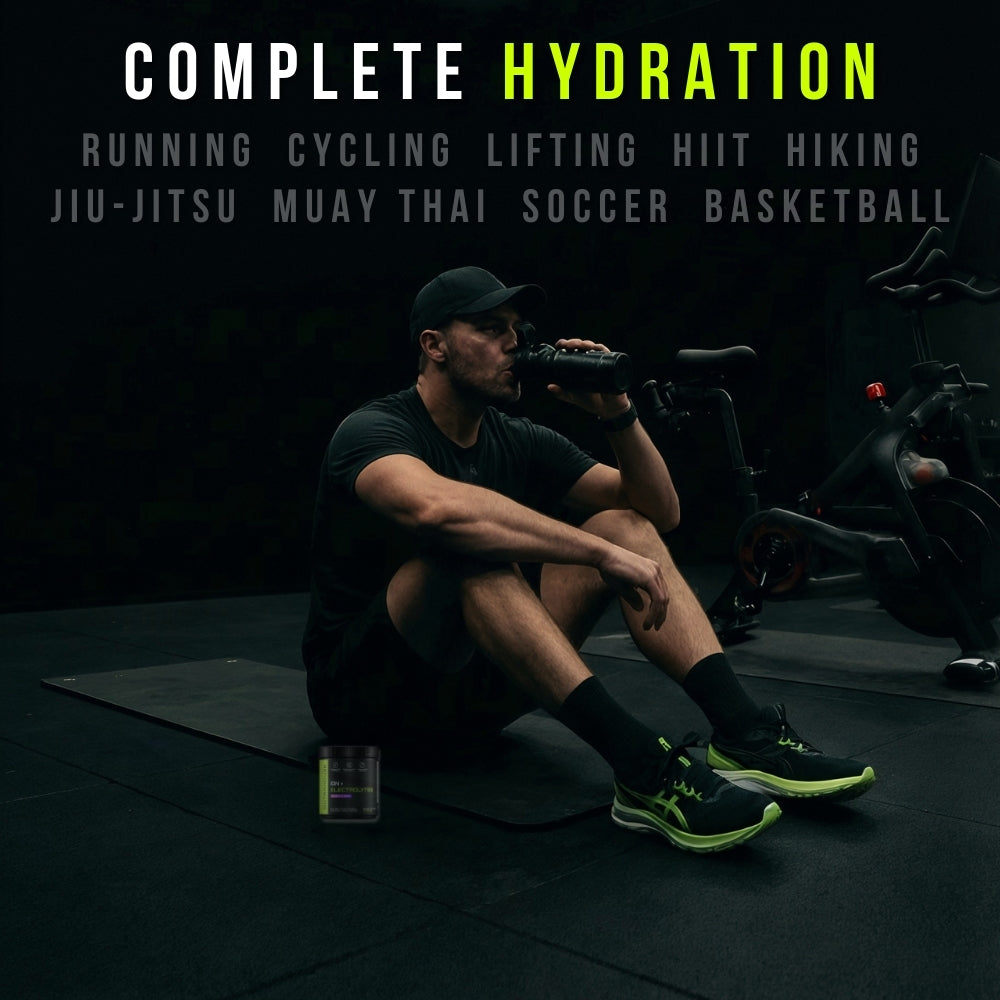 Person sitting on a mat, drinking from a bottle with text about hydration needs for various activities.