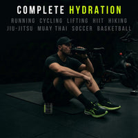 Person sitting on a mat, drinking from a bottle with text about hydration needs for various activities.
