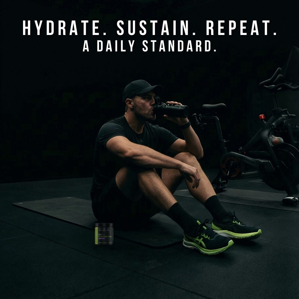 Person sitting on a mat, drinking electrolytes from a bottle with text 'HYDRATE. SUSTAIN. REPEAT. A DAILY STANDARD.'