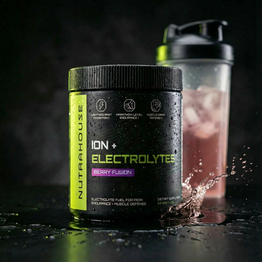 Nutrahouse Ion+ Electrolytes supplement jar with a shaker bottle in the background on a dark surface.