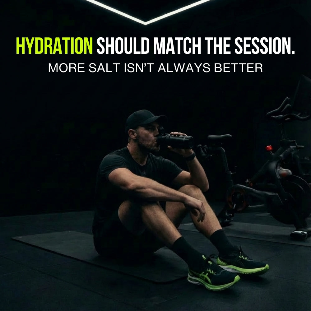 A man sitting on a gym mat, resting and rehydrating after a cycling workout.
