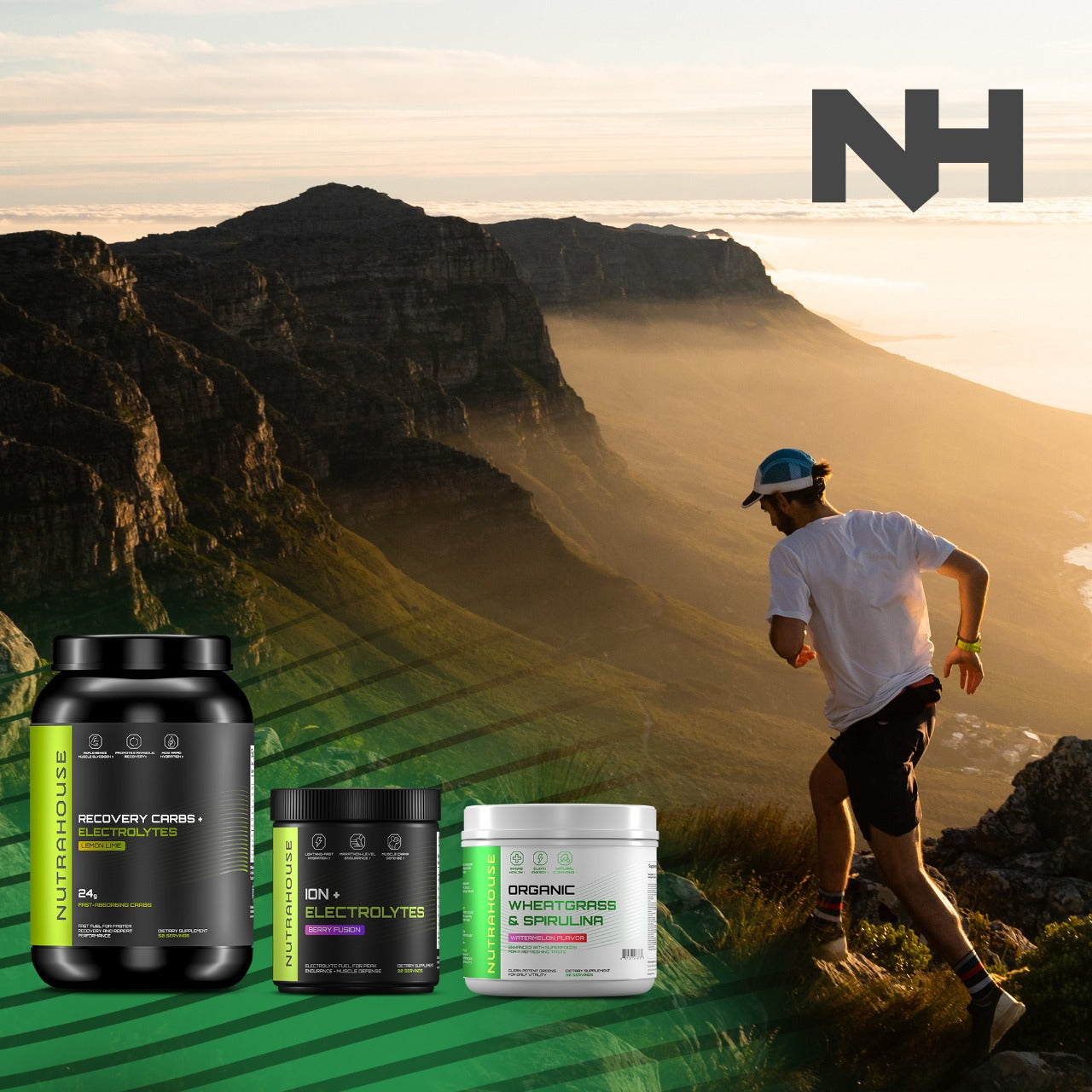 Supplement products with a mountainous landscape and person exercising in the background