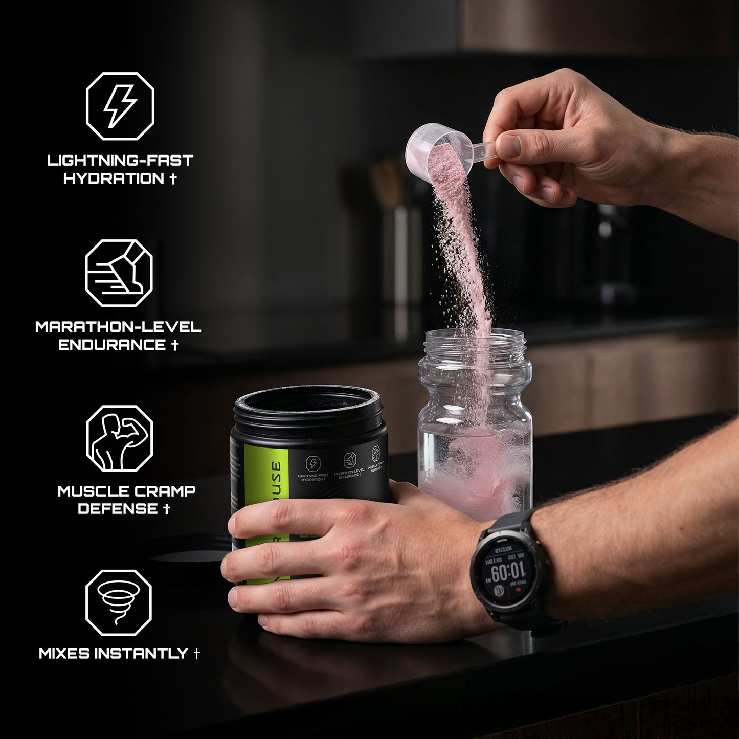 Person pouring a NUTRAHOUSE electrolytes into a water bottle with product features listed on the left.