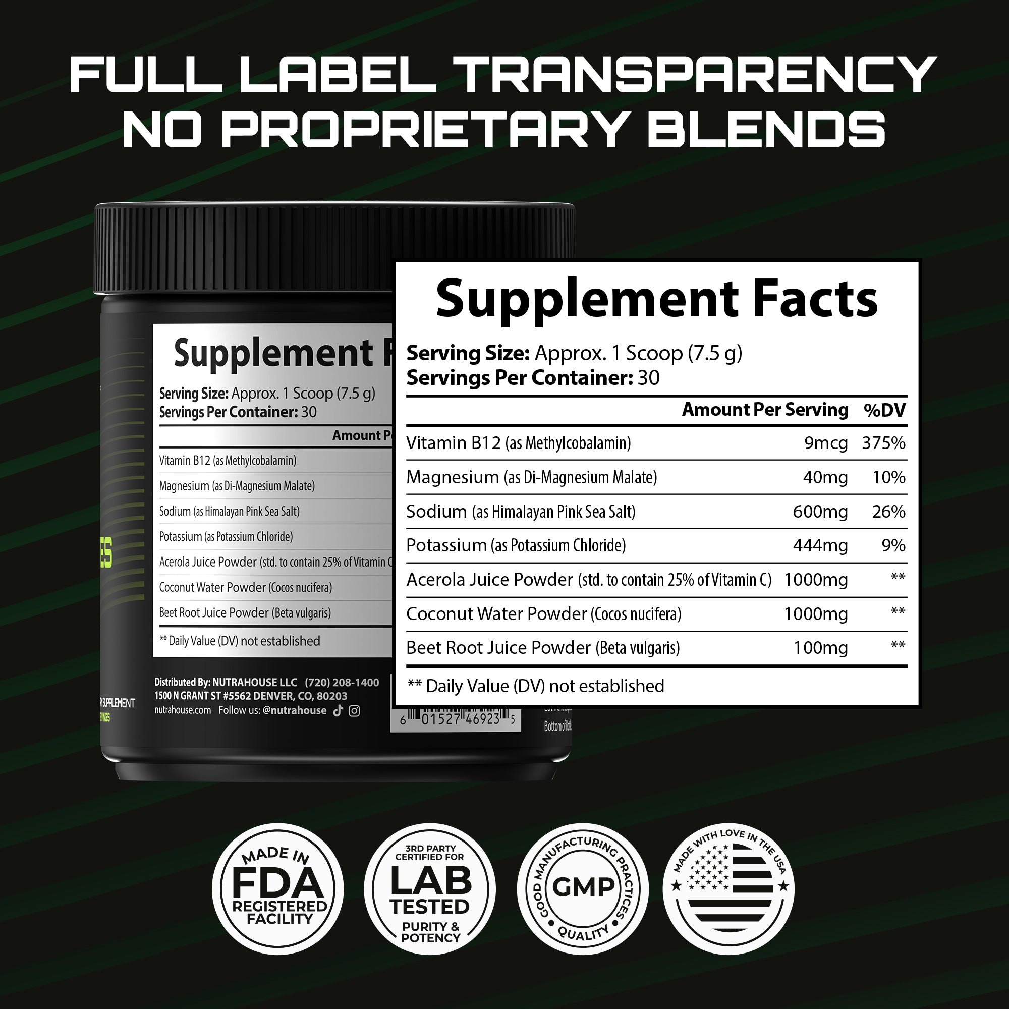 NUTRAHOUSE Electrolytes container with label displaying supplement facts on a black background