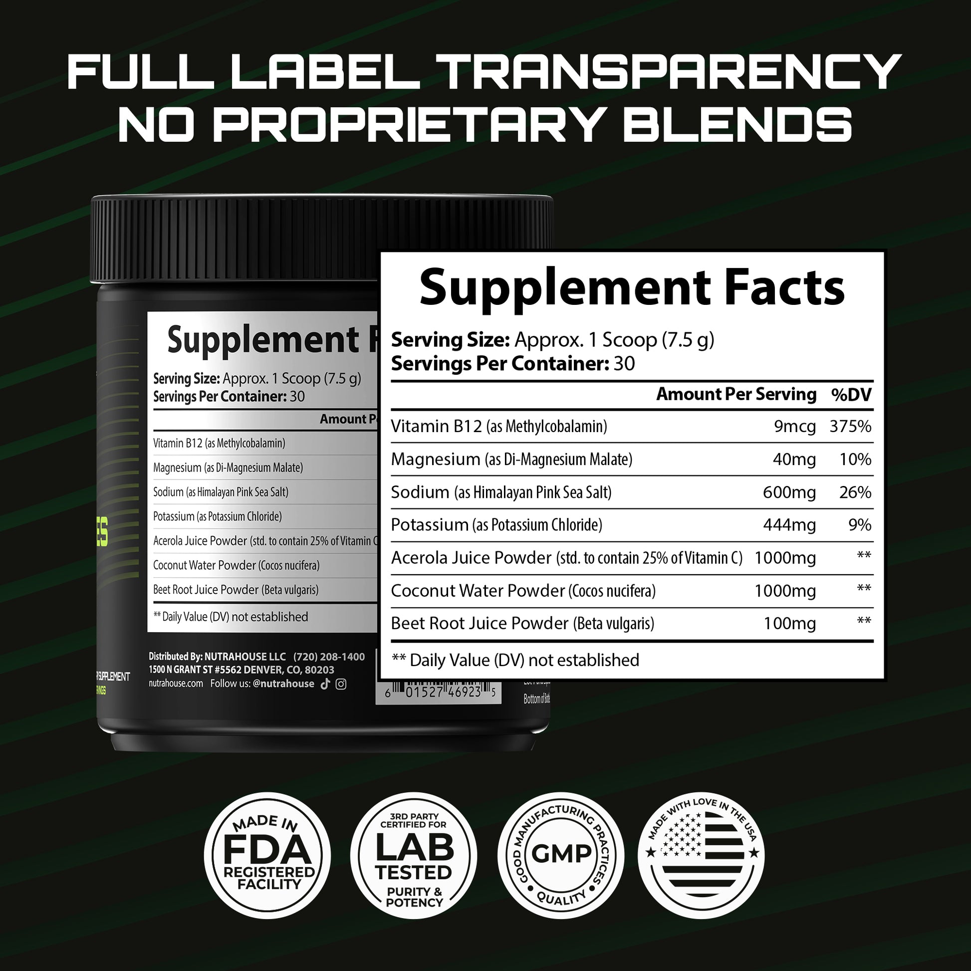 NUTRAHOUSE Electrolytes container with label displaying supplement facts on a black background