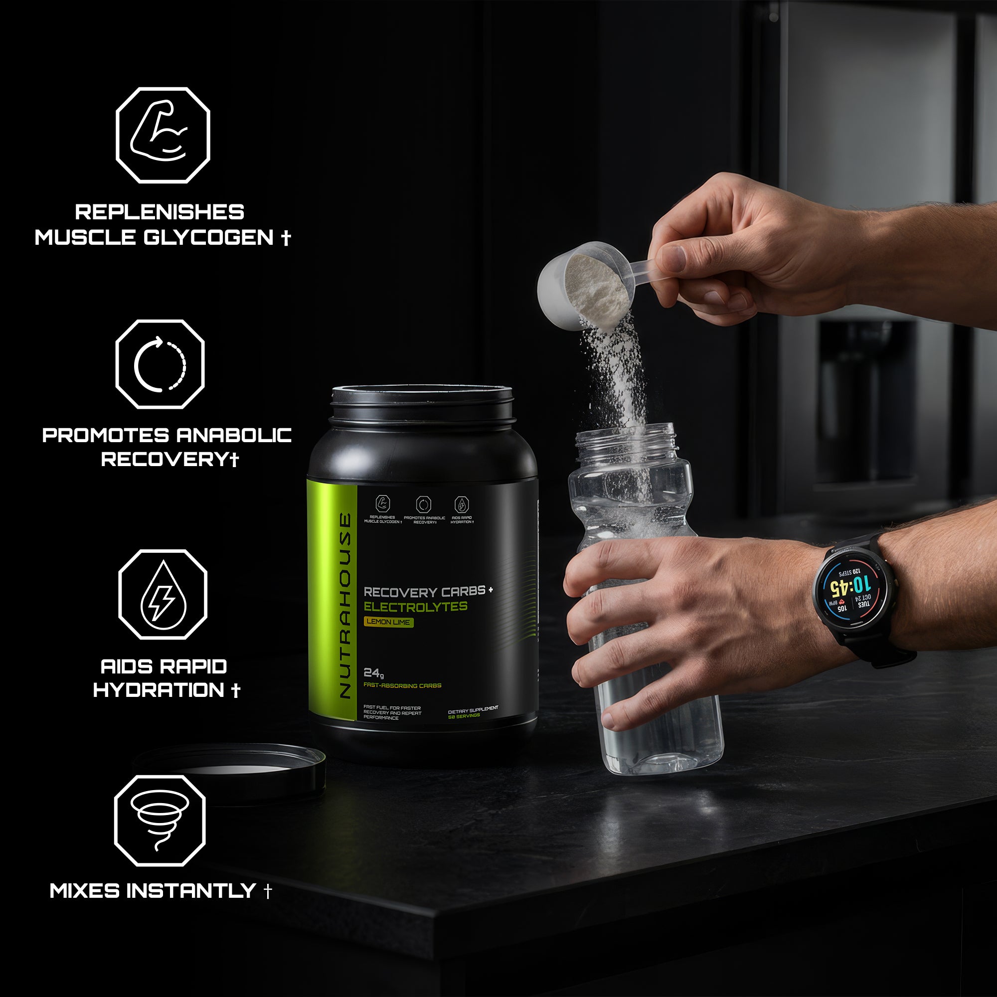 Person pouring powder from a container into a bottle with NUTRAHOUSE recovery carbs product and its benefits displayed.
