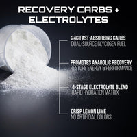Recovery carbs and electrolytes supplement with text on a dark background