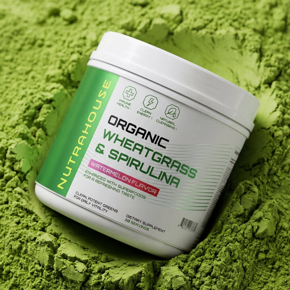 Container of Nutrahouse Organic Wheatgrass & Spirulina powder on a green background