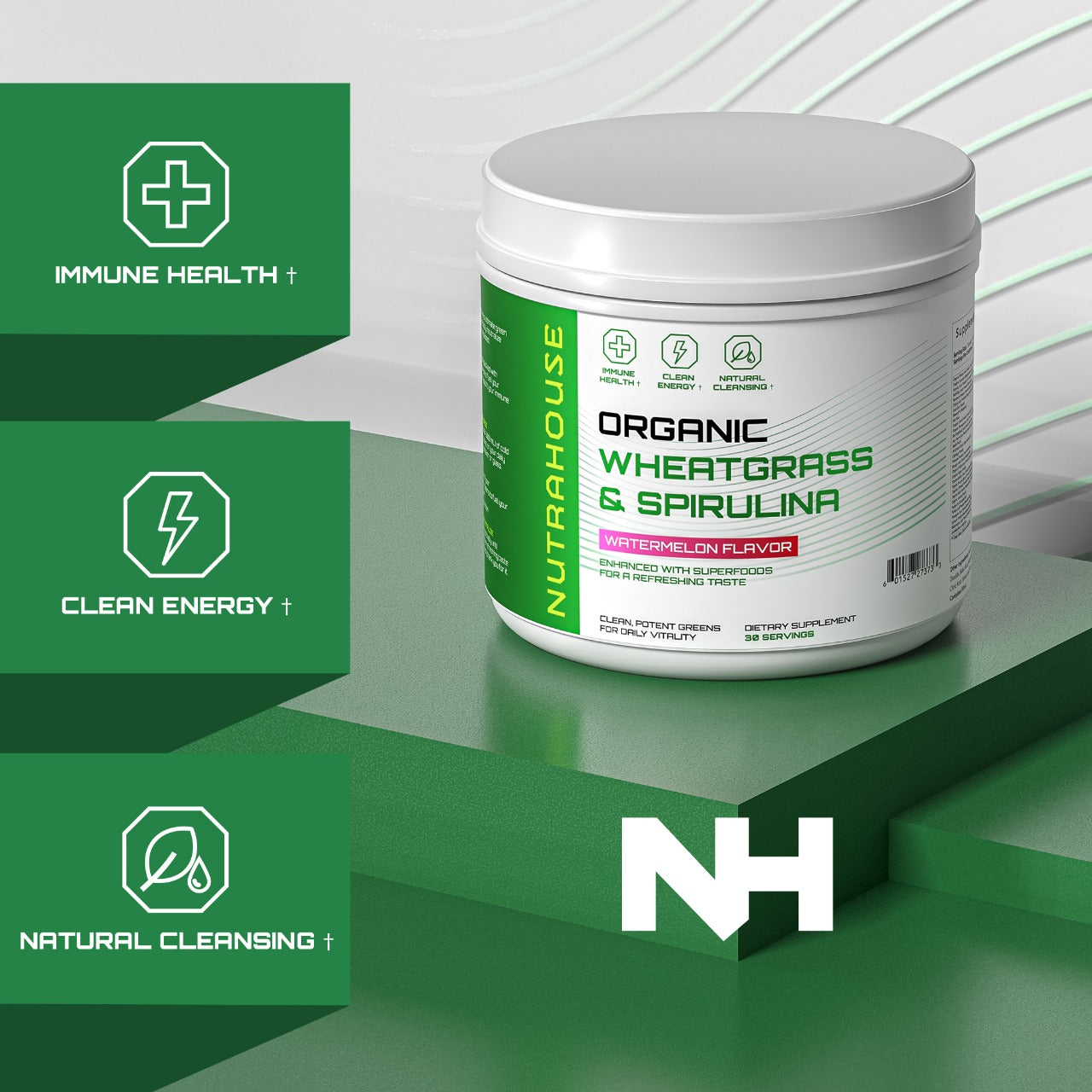 Organic Wheatgrass & Spirulina — Watermelon Superfood Greens for Daily Vitality (30 Servings)