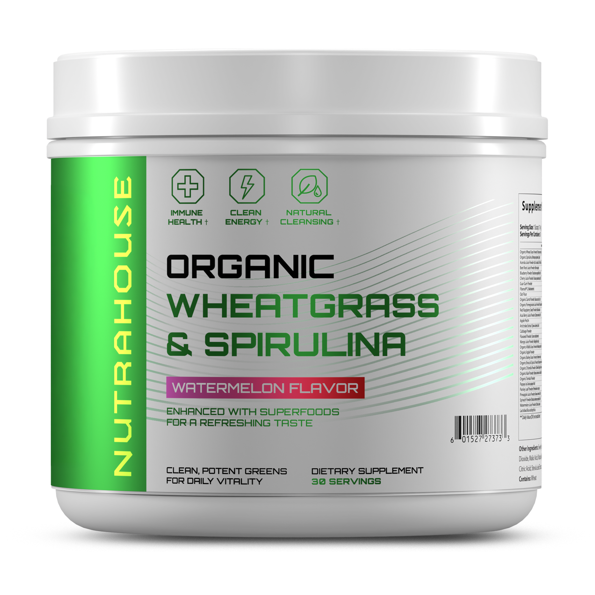 NUTRAHOUSE Organic Wheatgrass & Spirulina tub with 30 servings and watermelon flavor