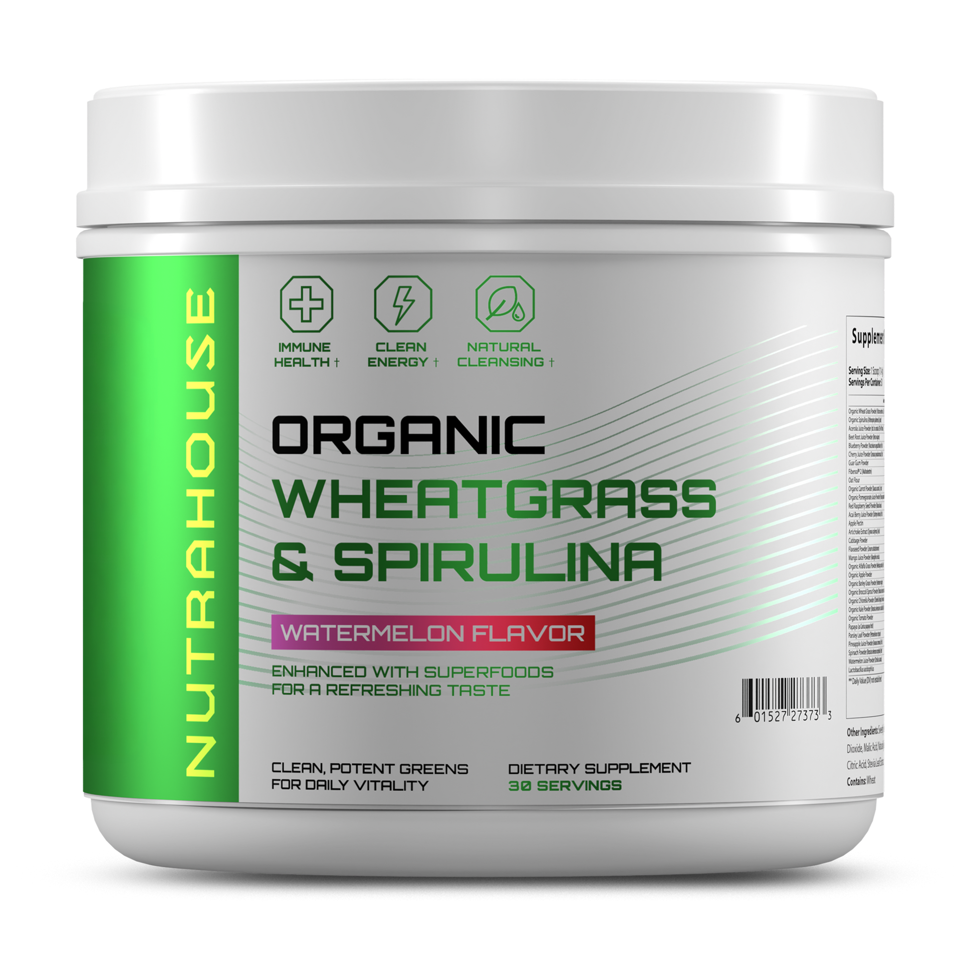 NUTRAHOUSE Organic Wheatgrass & Spirulina tub with 30 servings and watermelon flavor