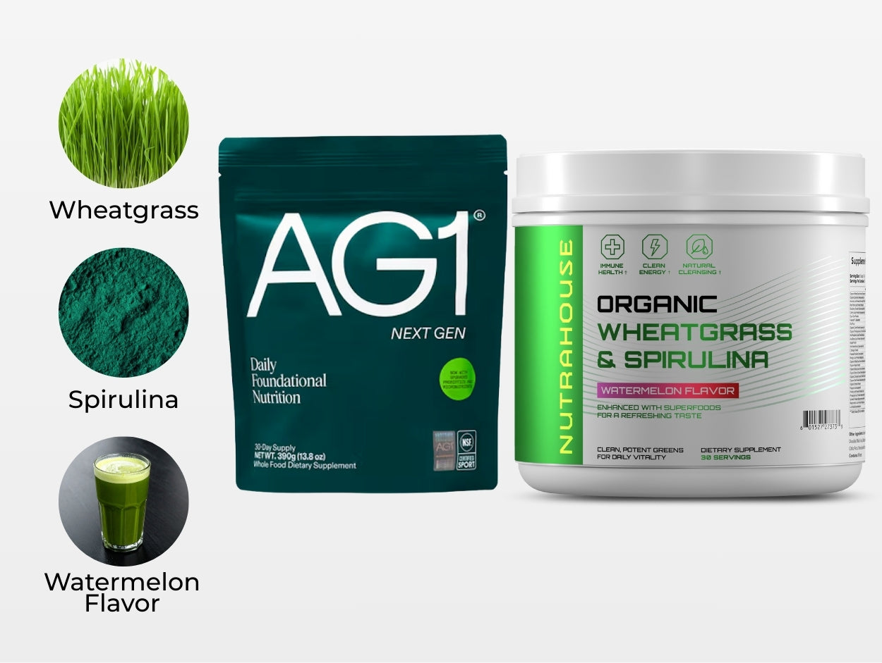 AG1 and NUTRAHOUSE Greens side to side.