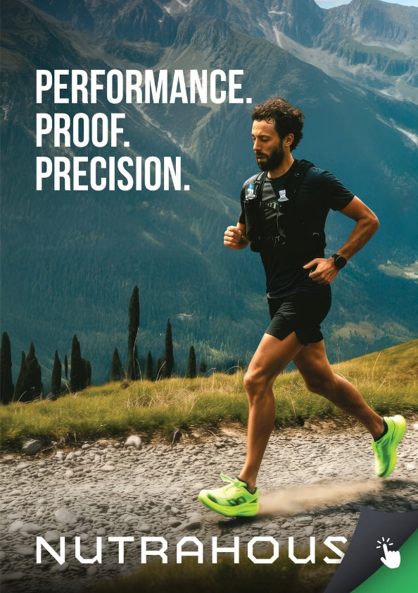 A man trail running as the cover of NUTRAHOUSE's 2026 Catalog